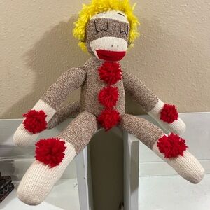 Adorable 2l” Brown Girl Sock Monkey Plush with Red and Yellow Accents